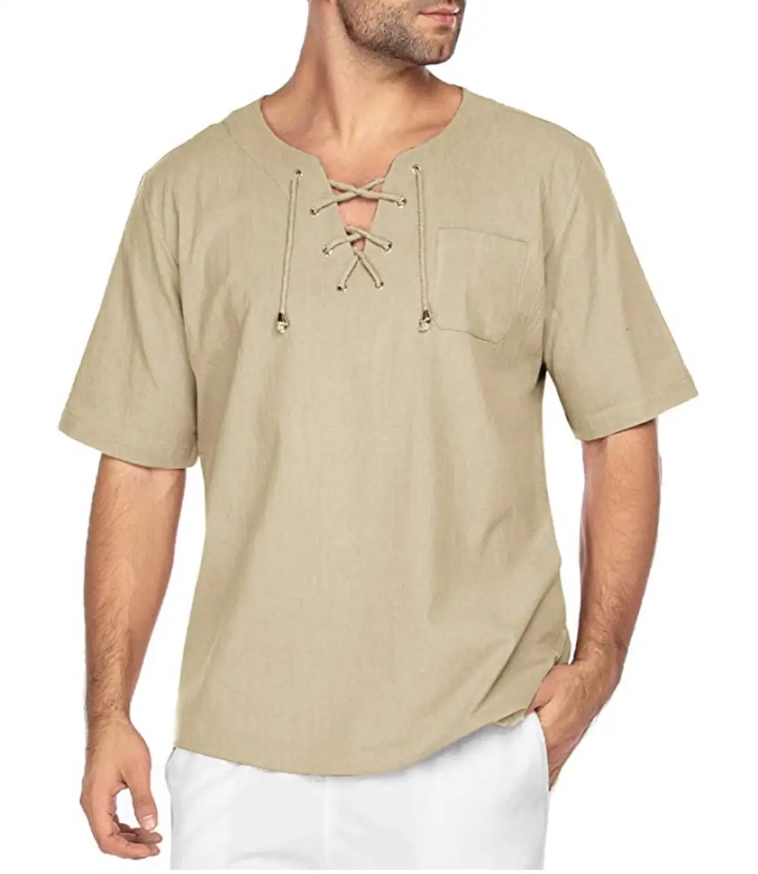 Men Casual Tailored Shirt V Neck Lanyard Linen Fabric With Pocket Solid Color