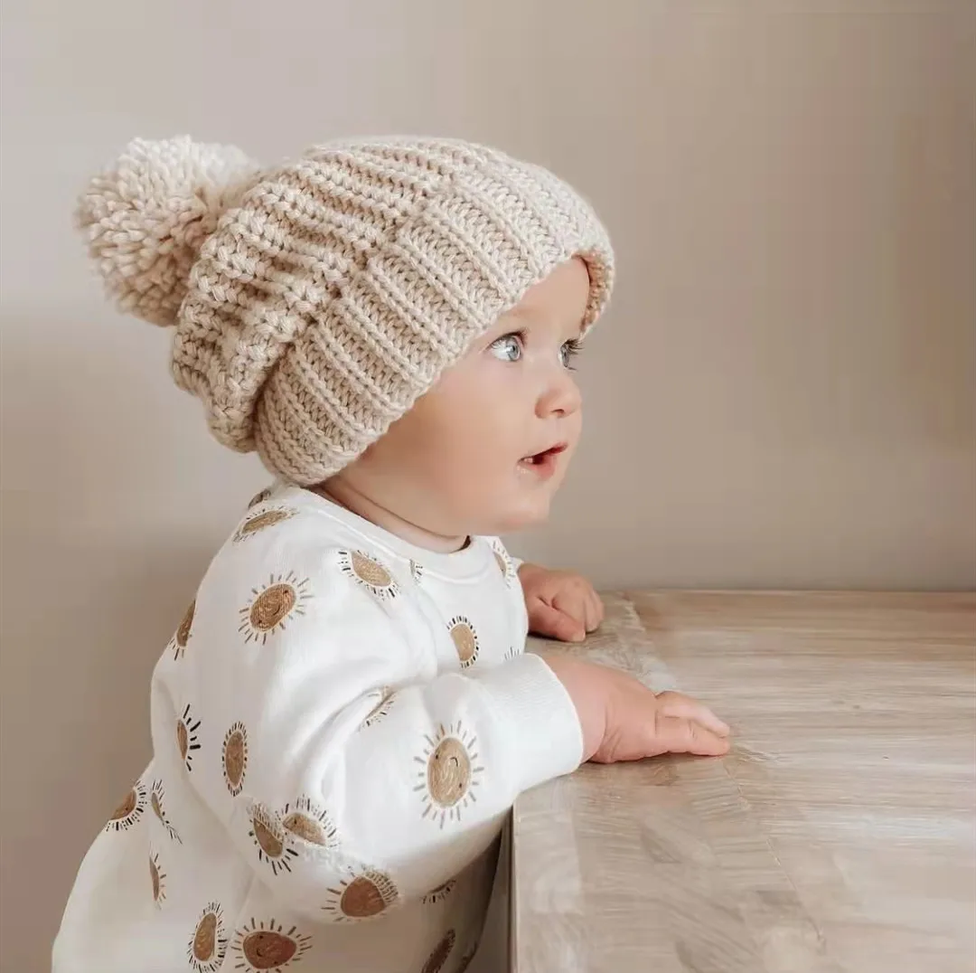 Hot Sale Winter Children Thick Knitted Hat With Pom Pom Slouchy Kids Baby Acrylic Beanie Hat Bonnet Infant Hair Accessories