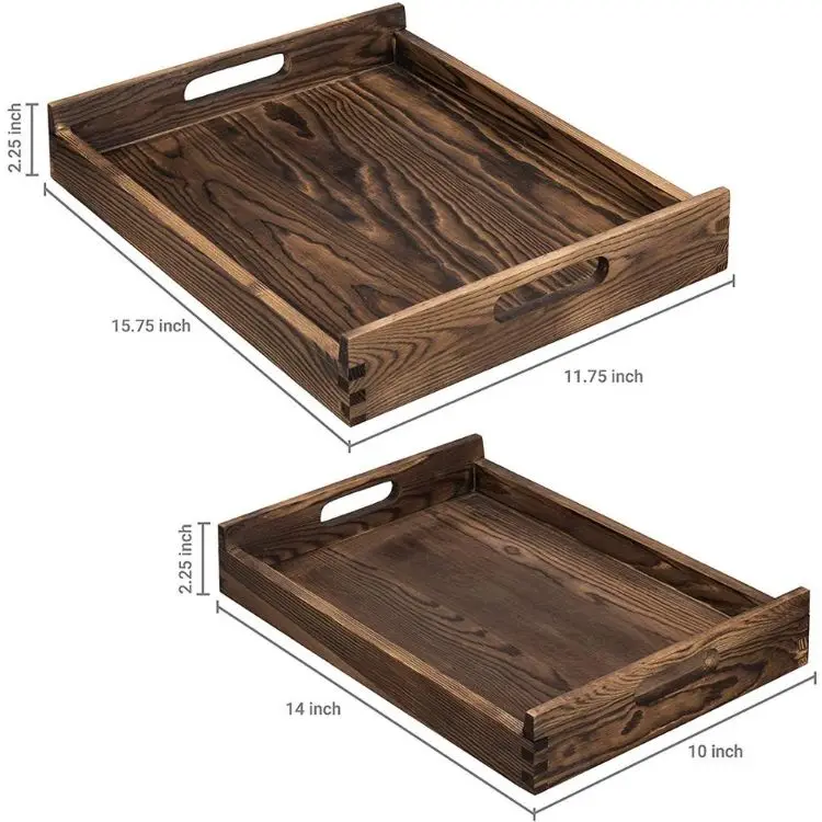 Dark Brown Solid Wood Nesting Serving Trays With Cutout Handles,Set Of 2
