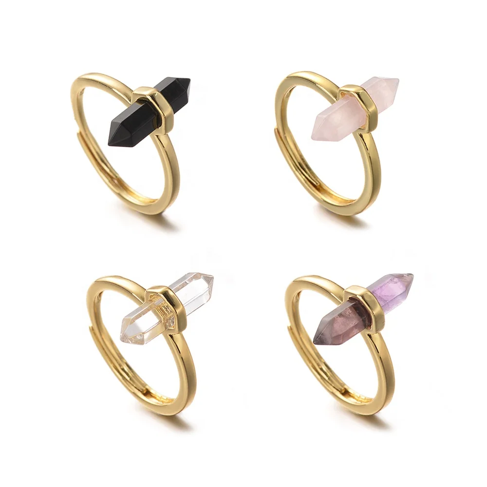 Cliobeads Prism Shape Rose Quartz Amethyst Onyx Crystal Natural Gemstone Ring Adjustable Women Stone Ring