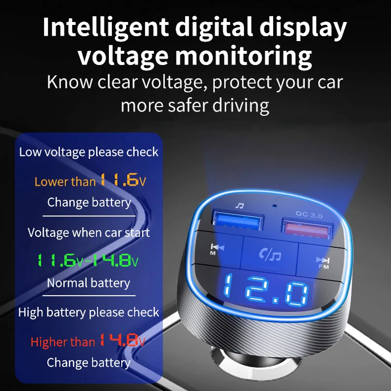 Voice Assistant QC3.0 Fast Charging 2 USB Handsfree Wireless Mp3 Player USB Charger FM Transmitter Car Charger