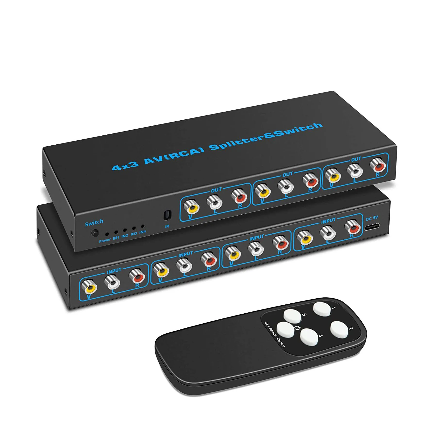 supports video L/R stereo audio 4-way RCA switch 4in 3out cctv video distribution amplifier distributor AV(RCA) splitter&switch