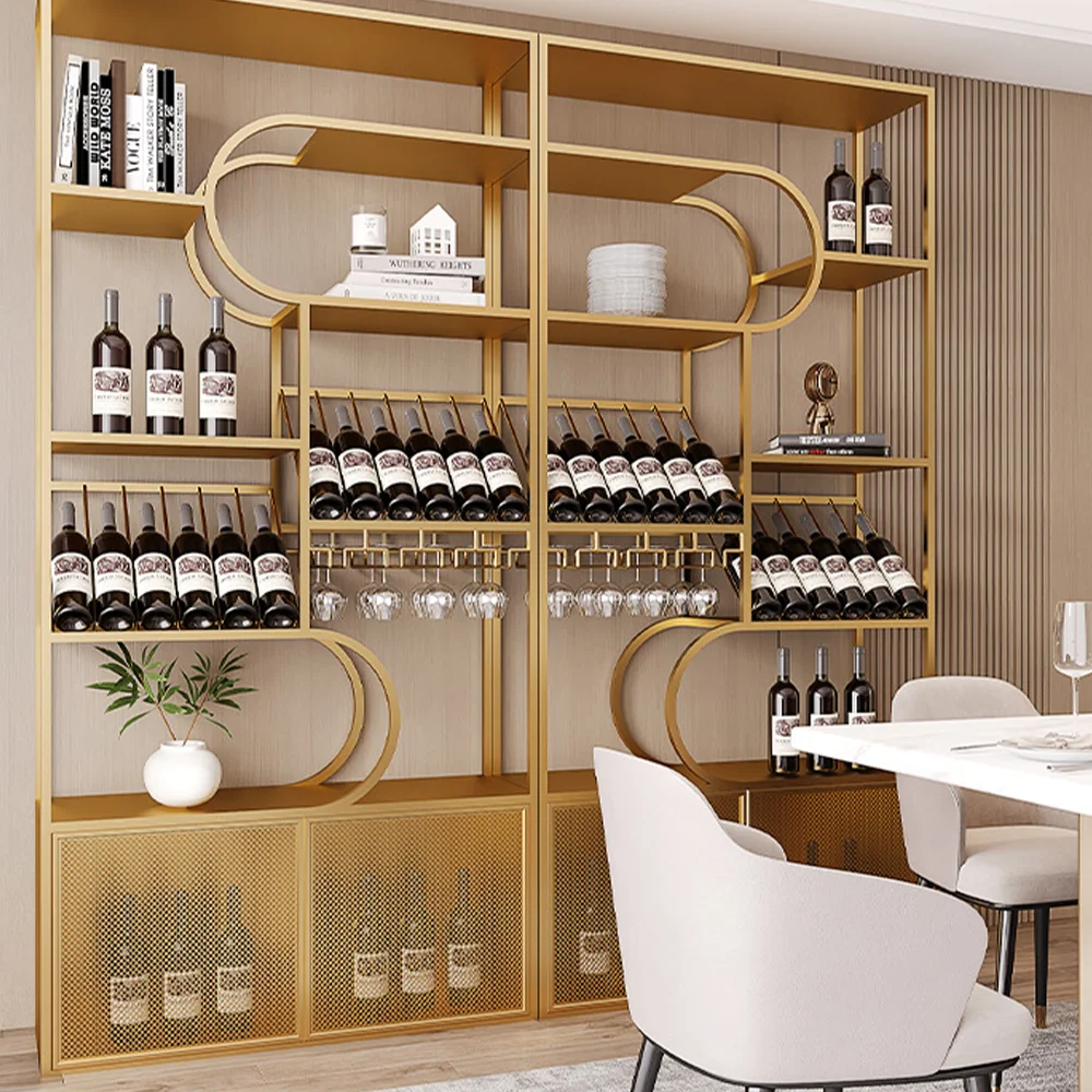 Decorative Customize Brushed Gold Titanium Glass Wine Display Cabinet Stainless Steel for Restaurant Home Living Room Partition