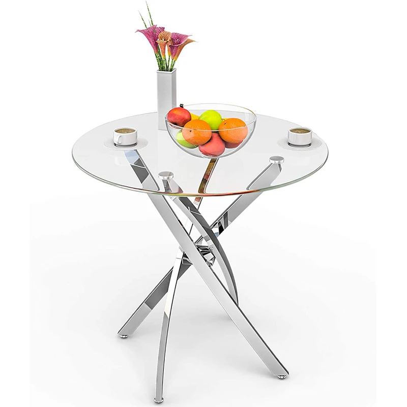Verified Factory Glass Furniture Modern Nordic Metal Framed Small Round Glass Dining Table for Space Saving