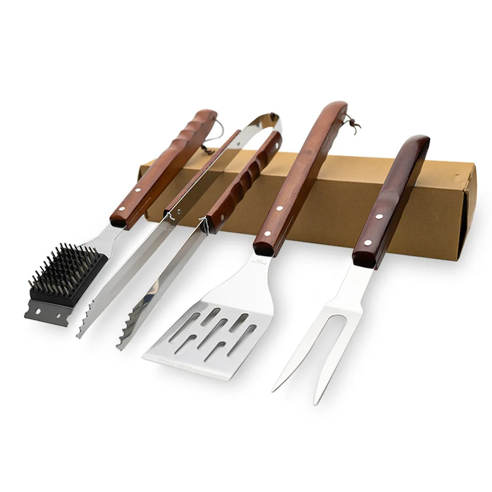 OWNSWING Outdoor Stainless Steel Barbecue Tools BBQ Wooden Handle Fork Shovel Clip Combination Barbecue Suit
