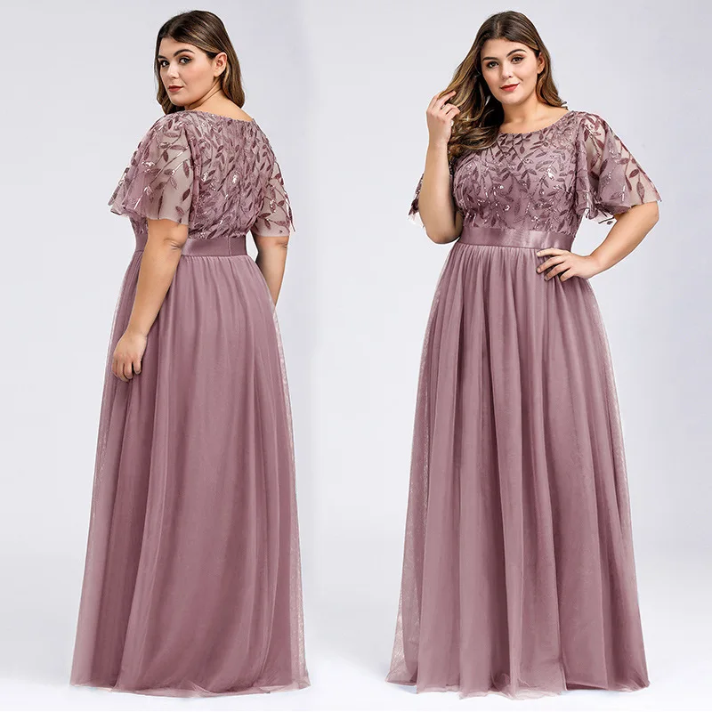 Ever-pretty Plus Size Elegant Boat Neck Sequin Mesh Evening Bridesmaid Dresses