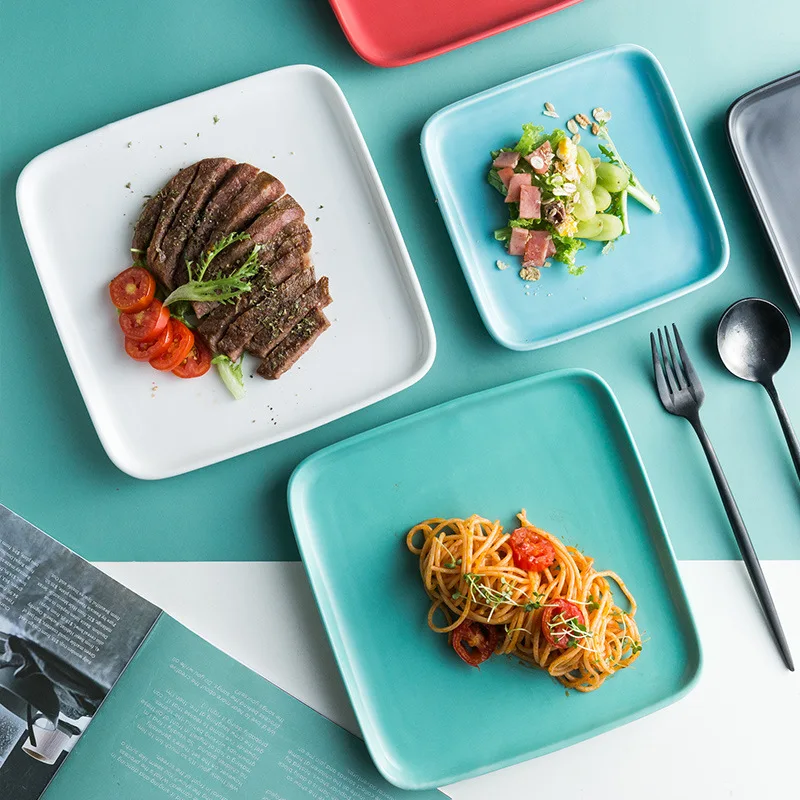  Ceramic Nordic Plate Decoration Solid Color Black Porcelain Square Plate Dish Set For Restaurant