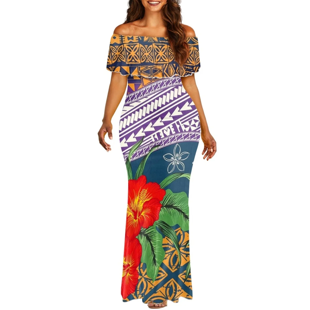 Custom Plumeria Traditional Tattoo background Women Party Mermaid Dresses Long Sleeve Modest Evening Dresses Women Lady Elegant