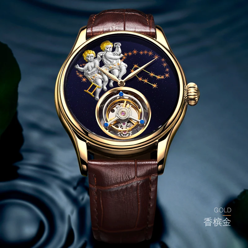 GUANQIN 2020 реальные Tourbillon Механическая рука Ветер мужские часы лучший бренд класса люкс с принтом «близнецы» Часы золотистые сапфир Relogio