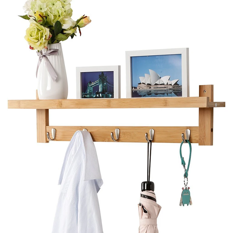 Custom Coat Hook Extendable Wall Mounted Unit Hanging Wall Bamboo Open Shelf Rack With Metal Hooks