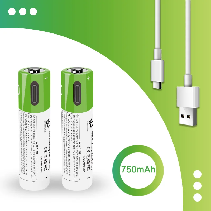 Pre-Charged 3.7V 750mAh Over 1000 Cycles Lithium Ion 10440 Battery USB Rechargeable Batteries With Type-C Cable