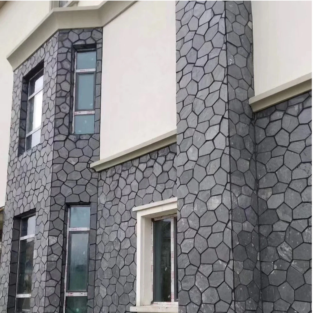 Outdoor Building External Wall Cladding Natural Black Stones Irregular Shaped Mosaic Meshed Crazy Slate Veneer Tile