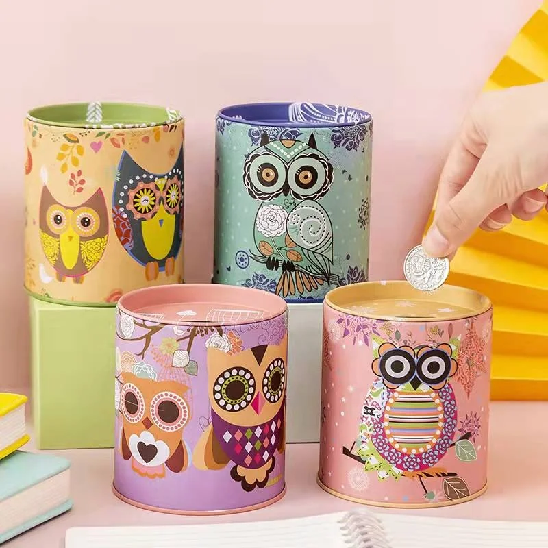 Wholesale creative owl pattern mini round metal kids piggy bank money boxes
