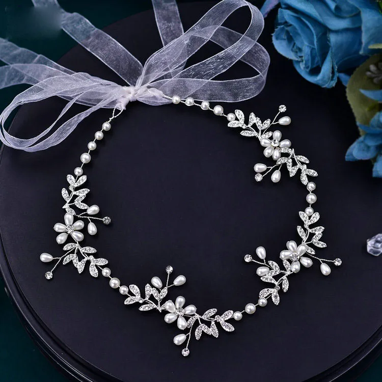 Wholesale Handmade Hair Accessories Alloy Leaf Pearl Wedding Tiara Headdress Party Hair Vine Bridal Organza Ribbon Hair Band