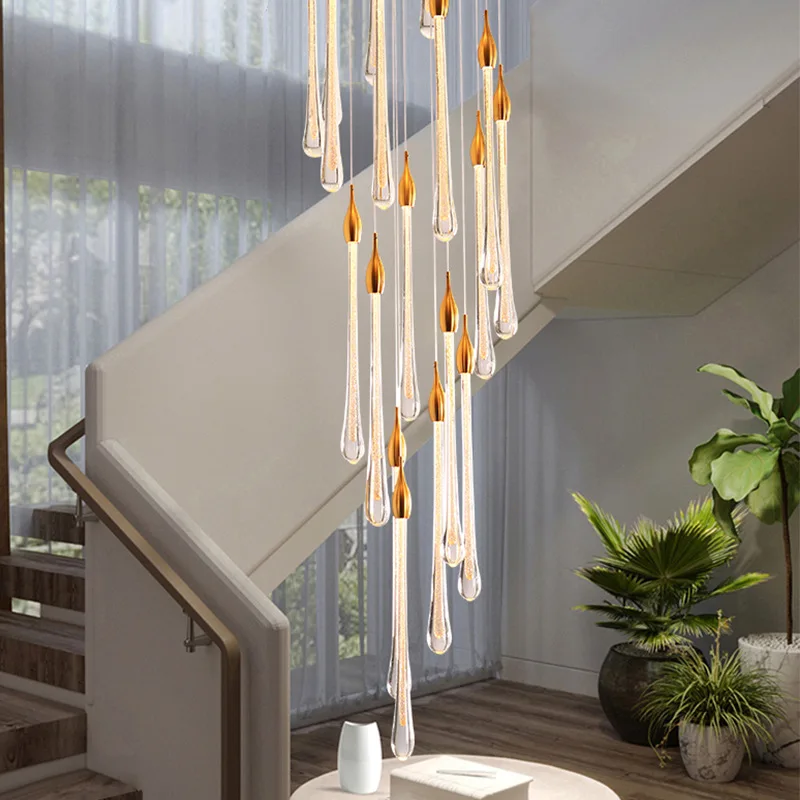 Restaurant Stair Lights Modern Salon Crystal Waterdrop Led Chandelier hanging water drop for villa pendant light
