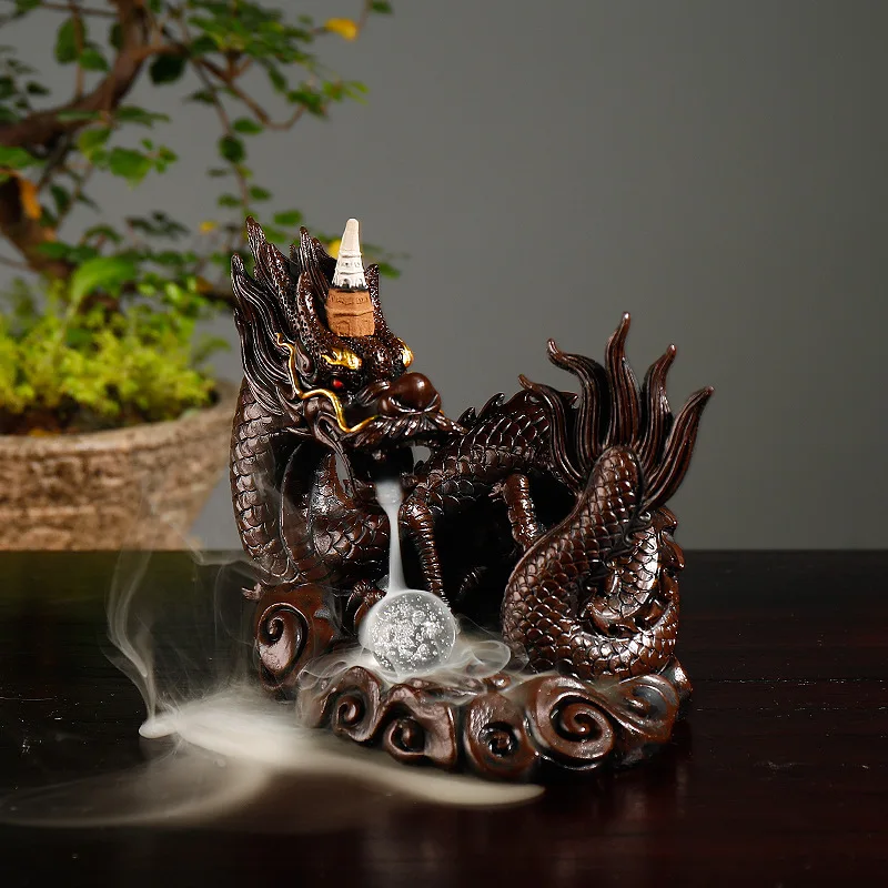 Resin Craft Home Desktop Decor Dragon Backflow Incense Burner with LED Light Crystal Ball Smoke Waterfall Incense Censer