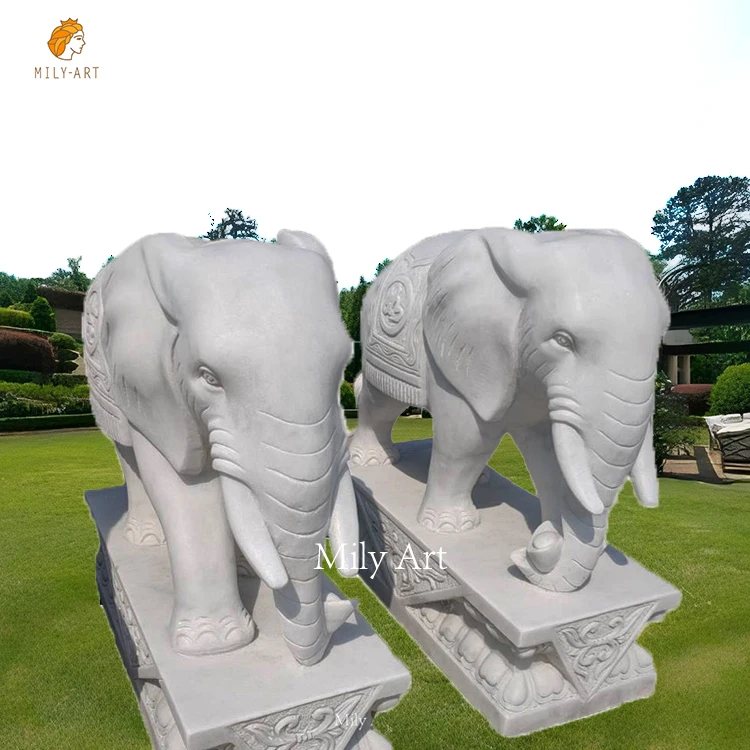 Hand Carved Customized Stone Animal Sculpture White Marble Elephant Statue for Home Decoration