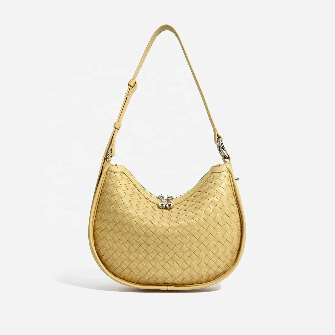 fashion lady real leather woven round moon hobo hand bags with adjustable handle for women elegant braided sling shoulder bag