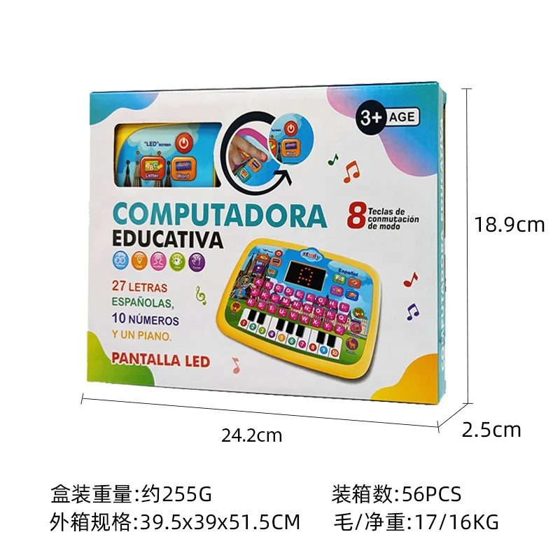 Toddlers learning pad educational toy kids multi-function Spanish tablet learning machine LED screen learning tablet with music
