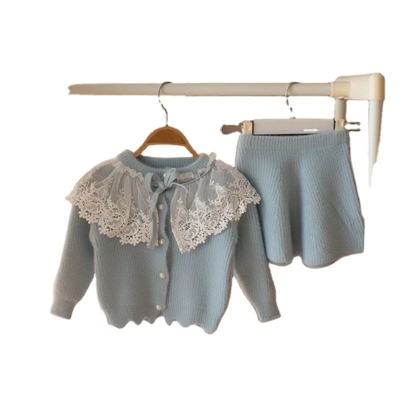 Winter Princess Girls Kids 2pcs Knitted Pattern Sweater Clothing Set Girls Cardigan With Skirt Outfits