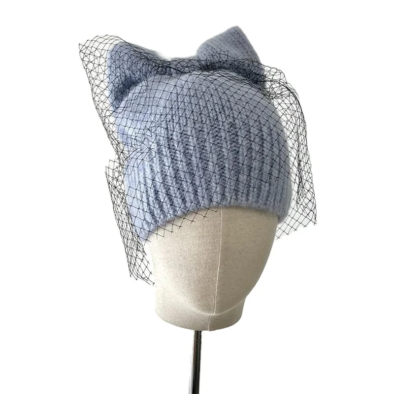 hot sell new fashion womans beanie winter hats Chunky Stretch Knitted Beanie Hat Skull Thick Ski hat with bowknot & mesh veil