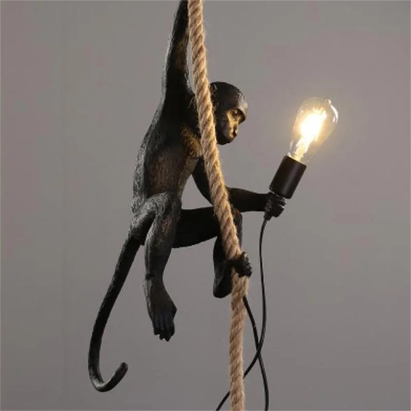 
LED Resin Monkey Pendant Light Black White Gold Modern Hemp Rope Lamps For Living Room Art Parlor Study Lights Lustre 
