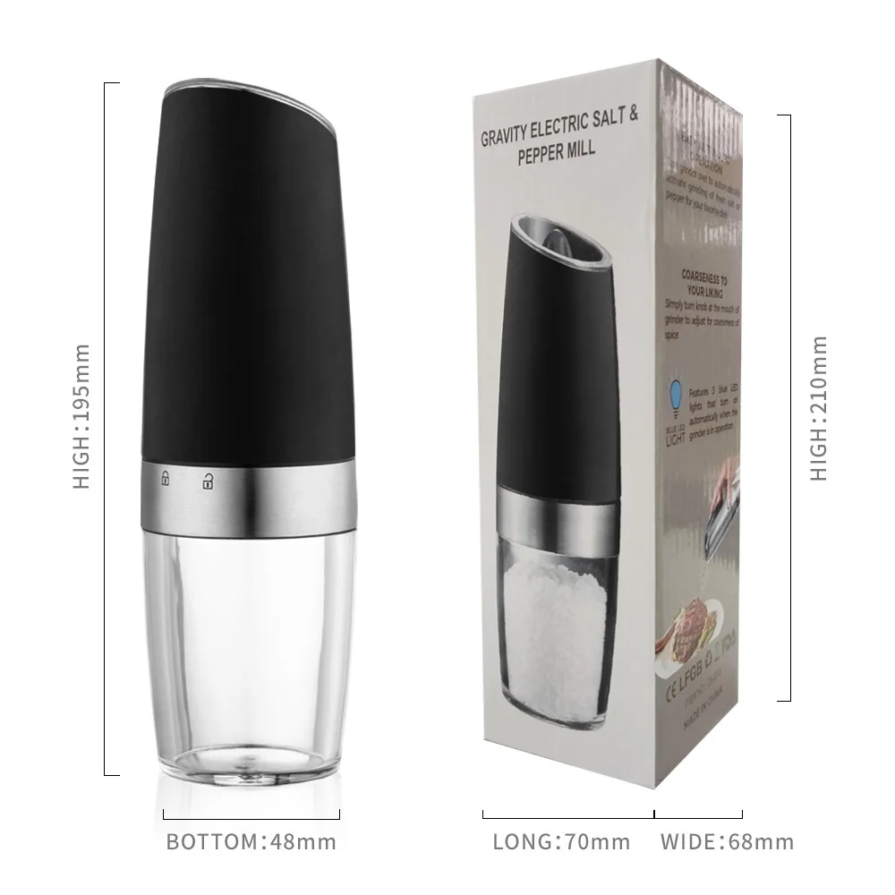 Adjustable Coarseness Gravity Battery Powered  LED Light  One Hand Automatic Operation Electric Pepper and Salt Grinder Mill Set