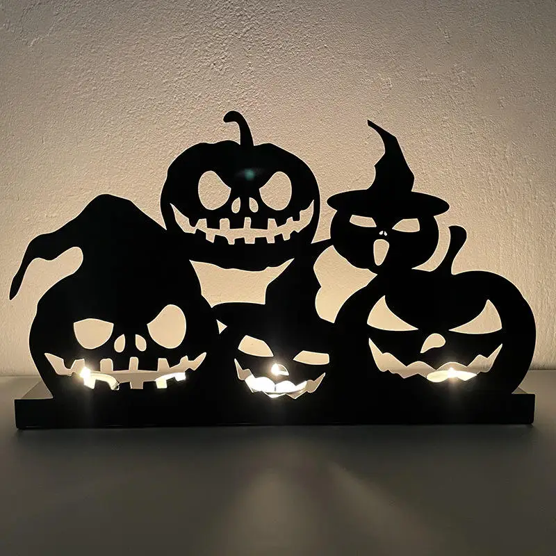 Halloween Pumpkin Lantern Skeleton Candle Stand Metal Iron Crafts Atmosphere Luminous Decoration Props
