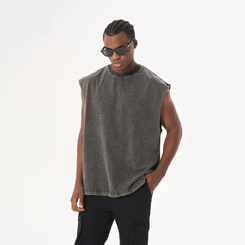 Men Washed Vintage Tshirt Vest  High Street Outer Washed Tank Top Sleeveless Streetwear Hipster Tank Top