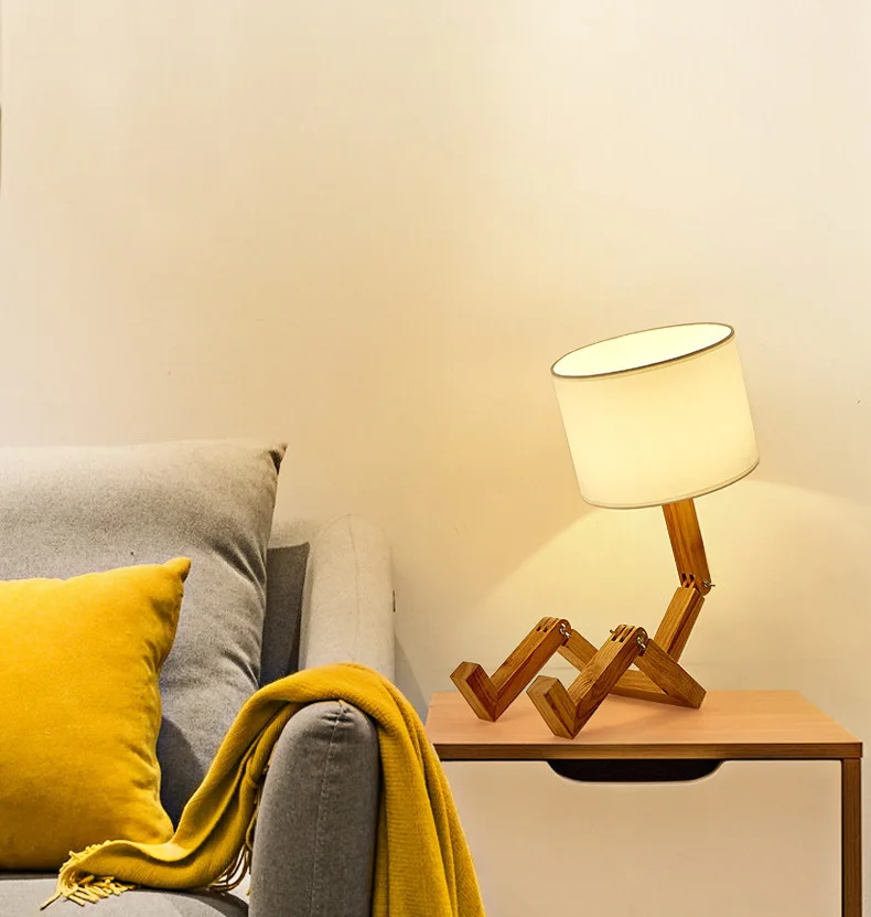Solid wood humanoid lamp creative Nordic fashion style study bedroom bedside desk light wood robot folding LED table lamp