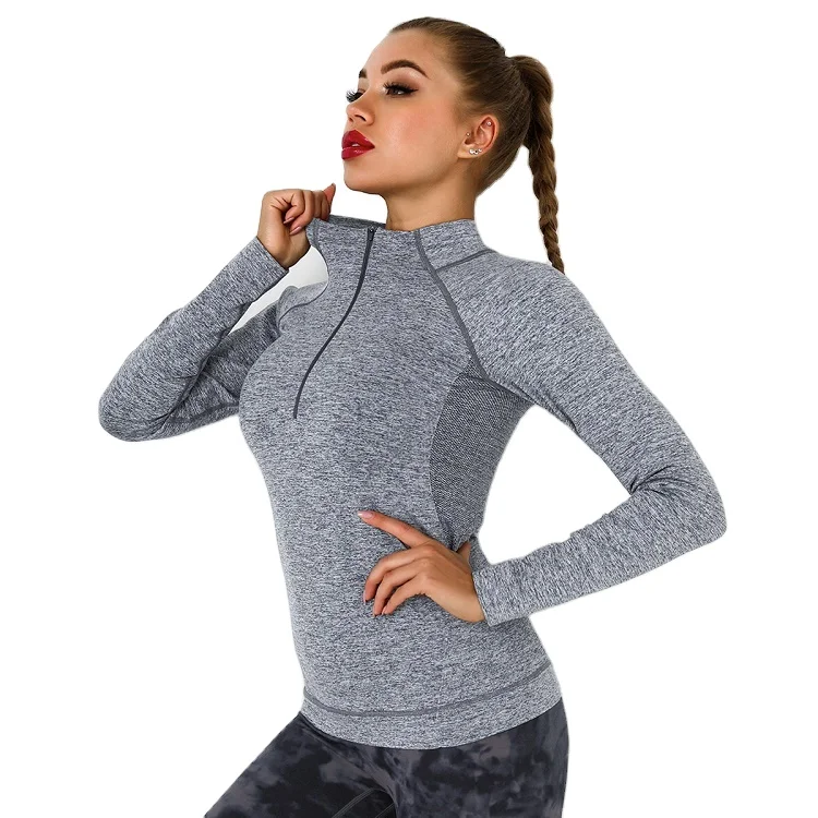 Winter Active Wear Top Solid Color Sweatshirts Seamless Four Way Stretch Women Long Sleeve Half Zipper Yoga Top With Thumb Hole