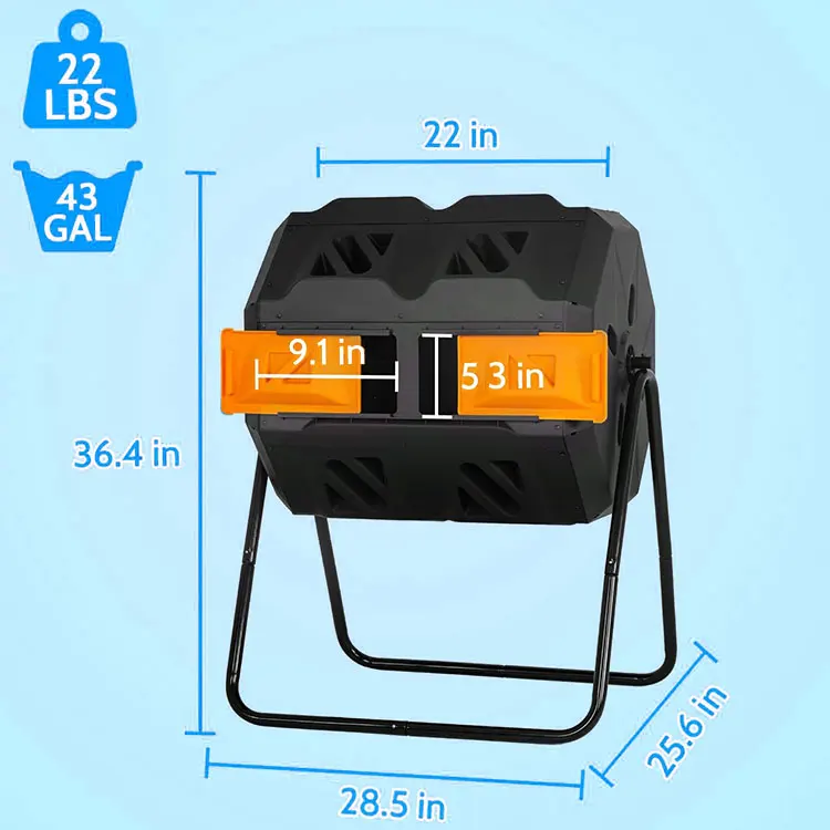 43 Gallon Outdoor Tumbling Compost Bin Compost Tumbler Bucket Trash Can Chamber Sliding Doors Composting Bins