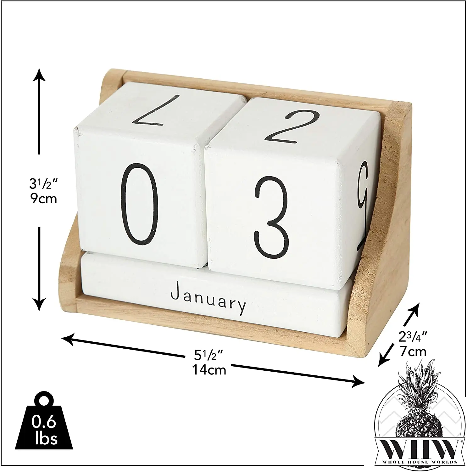 
The Rustic Perpetual Block Calendar, Desktop Accessory, Wood, White and Natural, 5 1/2 L x 2 3/4 W x 3 1/2 H Inches 