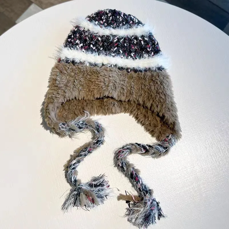 Autumn and Winter Striped Spliced Woolen Hat Wool and Thick Warm Ear-Protection Headband Lei Feng Knitted Hat