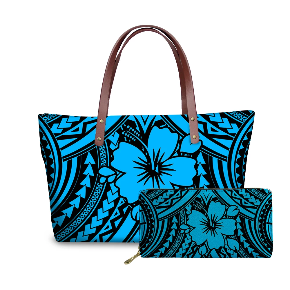 
Polynesian Tribal Hawaiian Hibiscus Print Women Bag Handbags and Purses Custom Tote Bag Sets for Ladies Blue Red Grey Wholesale 