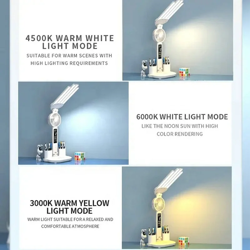 Flexible Four Head Desk Lamps Dimmable Adjustable Stand Table Lamp With Calendar Temperature Clock Night Light For Study Reading