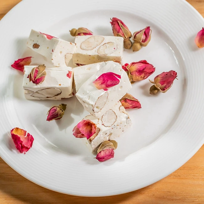 Factory Price Semi-soft Rose Flavour Gummy Candy Sweet Rose Almond Nougat