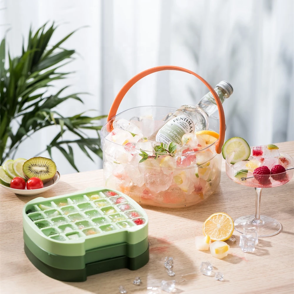 Pinmoo 3 Layer Ice Cube Tray for Freezer with Ice Container Plastic Ice Cube Tray 90 Cube with Lid and Bin