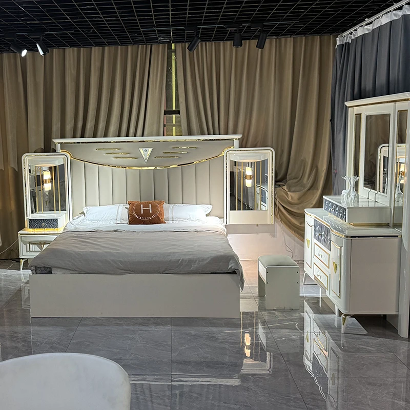 Modern high gloss bed room furniture gold luxury queen king size solid wood turkey master bedroom set