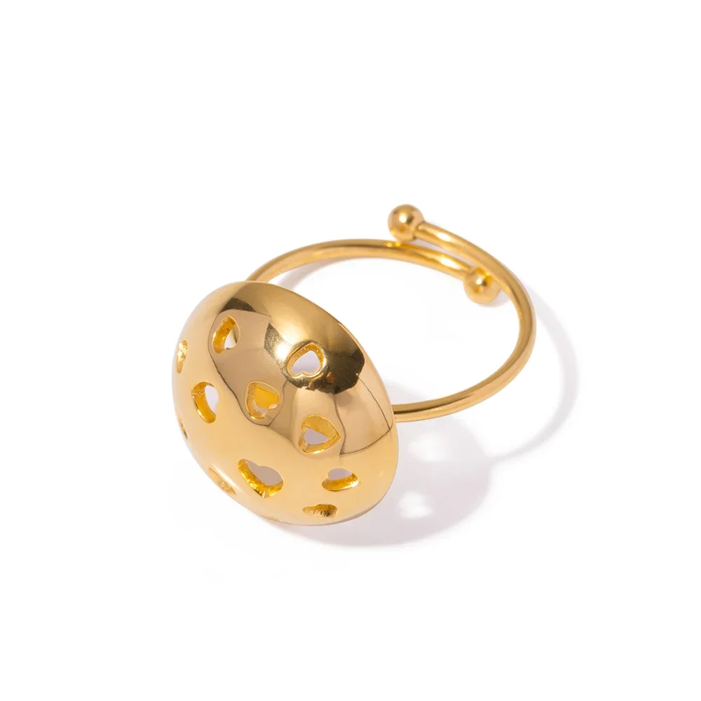 New Arrival Custom 18K Gold Plated Stainless Steel Hollow Ball Adjustable Rings for Women for Wedding or Engagement Jewelry