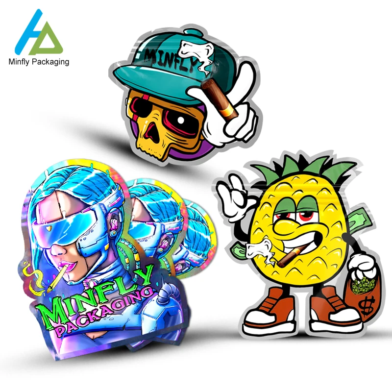Minfly Plastic Custom Printing 3.5g 7g 14g 28g Die Cut Irregular Ziplock Special Shape Plastic Childproof Mylar Bag Pouch