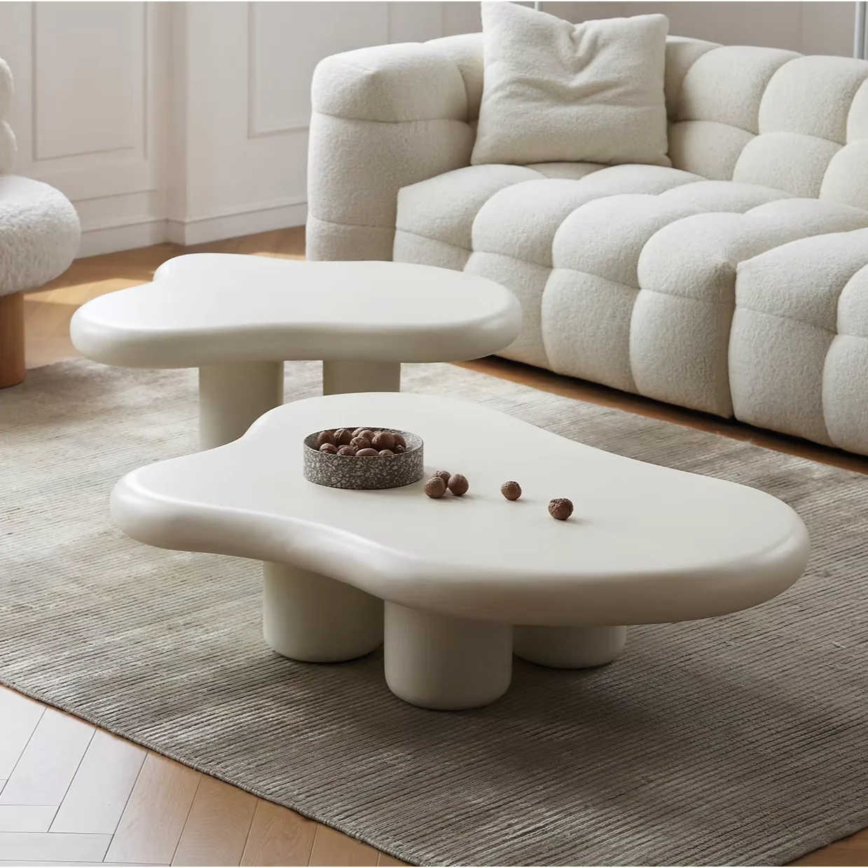 Modern Home Coffee Table Set Cream White Wavy Fiberglass Center Table Design For Living Room