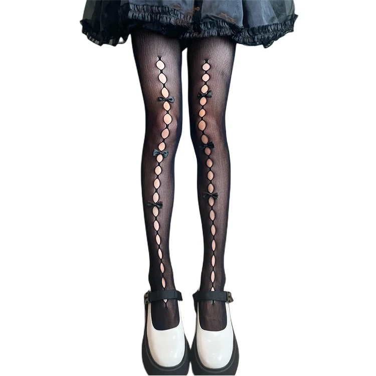 Lolita, handmade bow stockings, Japanese JK, white pantyhose, sexy cut black silk