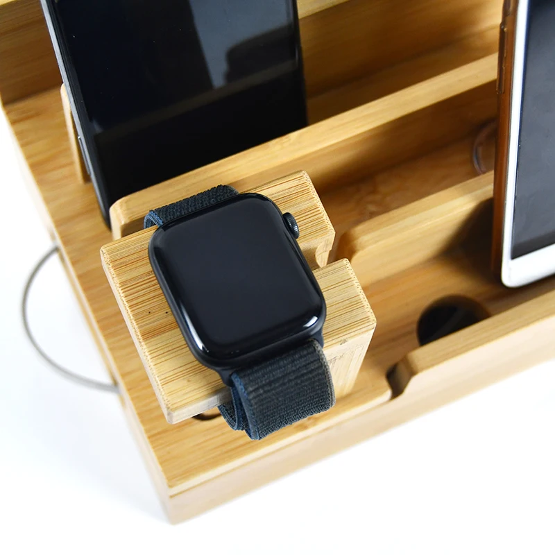 Bamboo And Wood Multi Device Manager Mobile Phone Stand Desktop Table Stand Storage Box