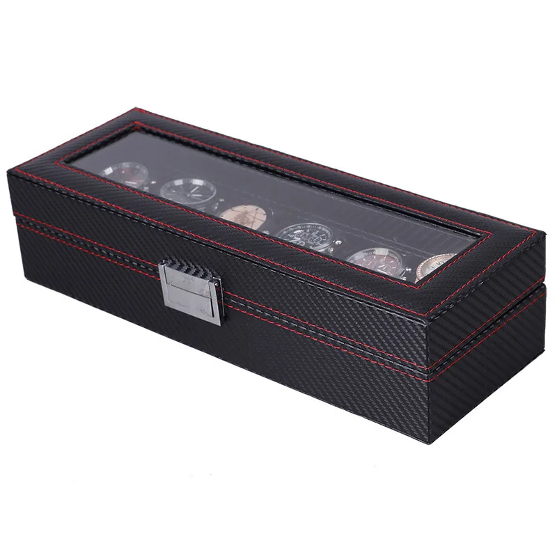Yiwu Wholesale Watch Box 6 Slots Carbon Leather High-grade Watch Packing case Black Transparent Window Watch Display Box