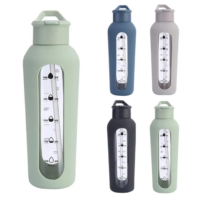 Unique Design Motivational Fitness Water Bottle Bpa FreeTimer Glass Sport Water Bottle with Straw and Protective Silicone Sleeve