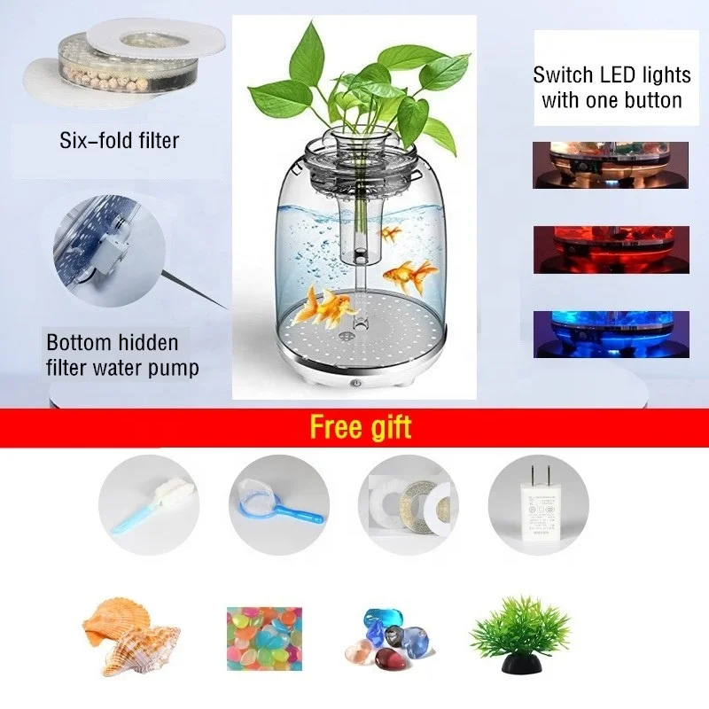 5.5L Small Aquarium Kits Desktop Room Decorations Home Office Decor Desk Aquatic Supplies Perspex Cylindrical Pet akvaryum