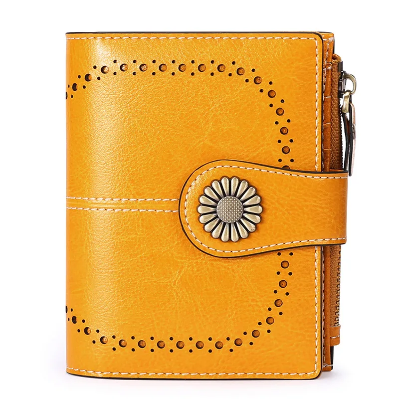 Ladies short wallet rfid anti-theft bifold purse with ID window oil wax cowhide leather coin purse leather wallet for women