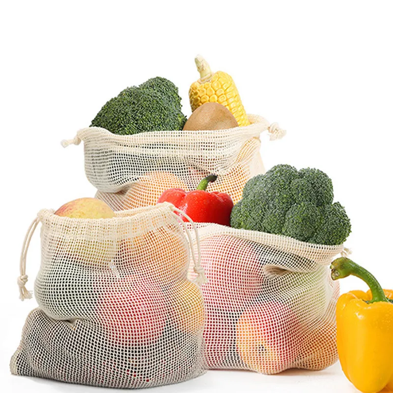 Recyclable vegetable and fruits storage bags large mesh drawstring bag shopping produce organic cotton mesh bags
