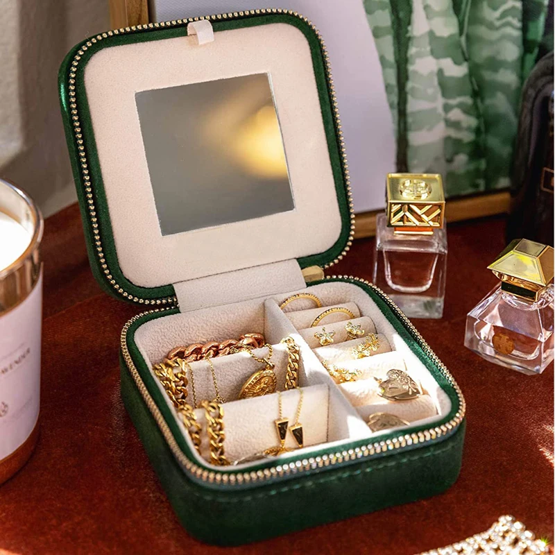 Wholesale Velvet Travel Jewelry Box Organizer Custom Leather Earring Ring Necklace Jewellery Case With Mirror